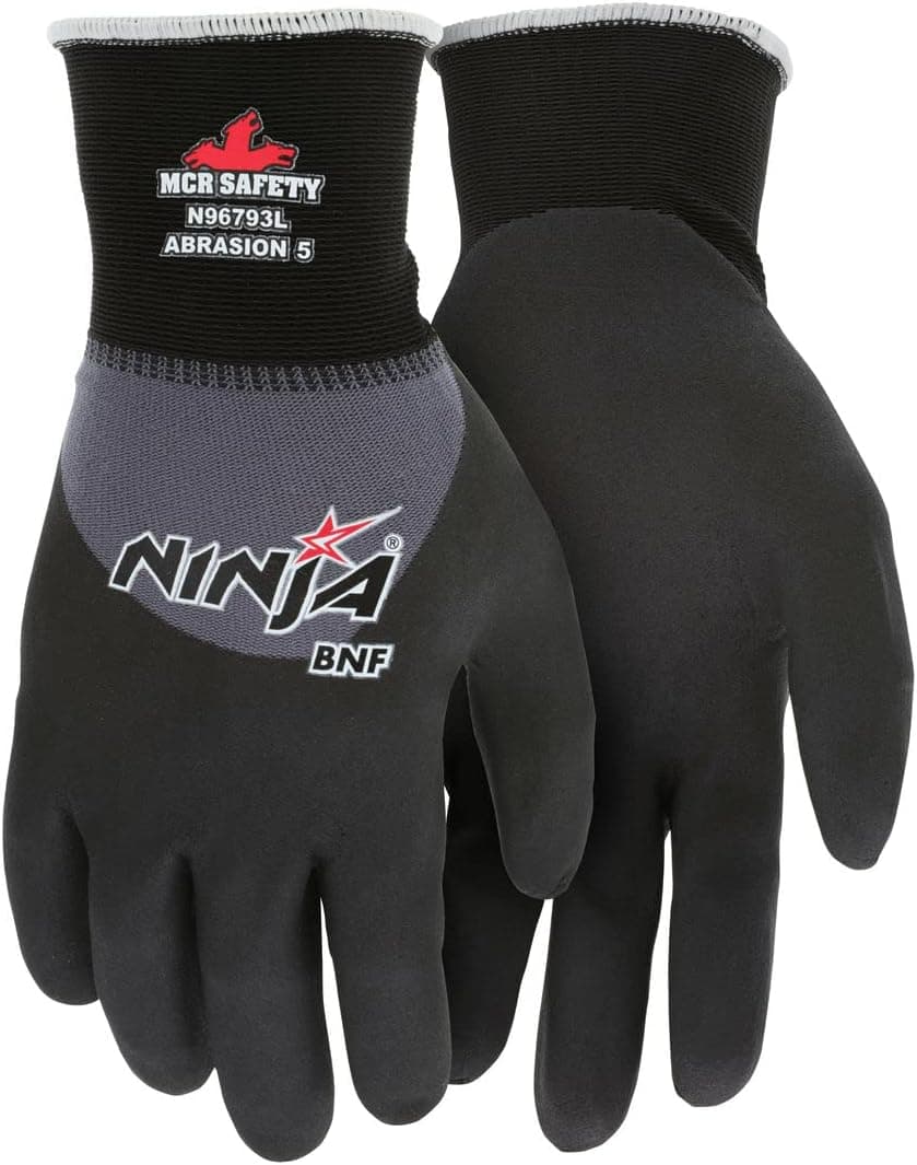 MCR Safety Ninja BNF N96793L Work Gloves, 15 Gauge Nylon/Spandex Shell, Breathable Nitrile Foam (BNF) with NFT Coated Palm, Knuckle and Fingertips, Large