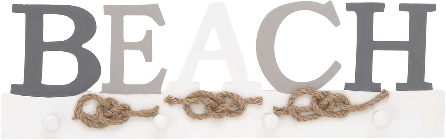 Deco 79 98865 Wooden Beach Wall Hook Rack, 6" x 18", White/Gray/Darkgray/Brown