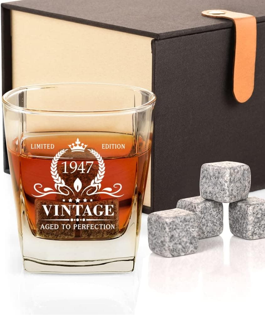 Triwol 76th Birthday Gifts for Men, Vintage 1947 Whiskey Glass and Stones Funny 76 Birthday Gift for Dad Husband Brother, 76th Anniversary Present Ideas for Him, 76 Year Old Bday Decorations 12OZ