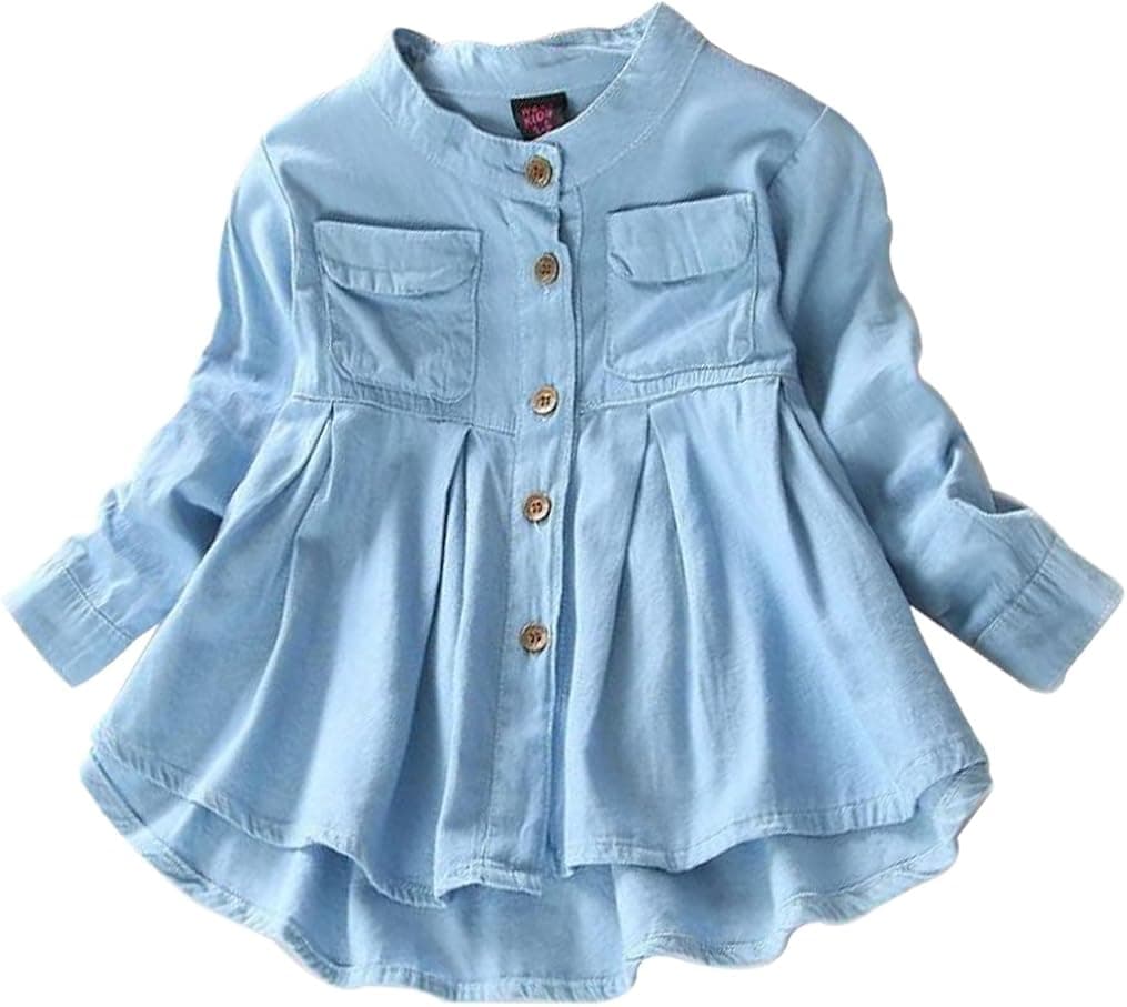 Kids Baby Girls Ruffled Hem Denim T Shirt Tops Long Sleeve Casual Princess Blouses