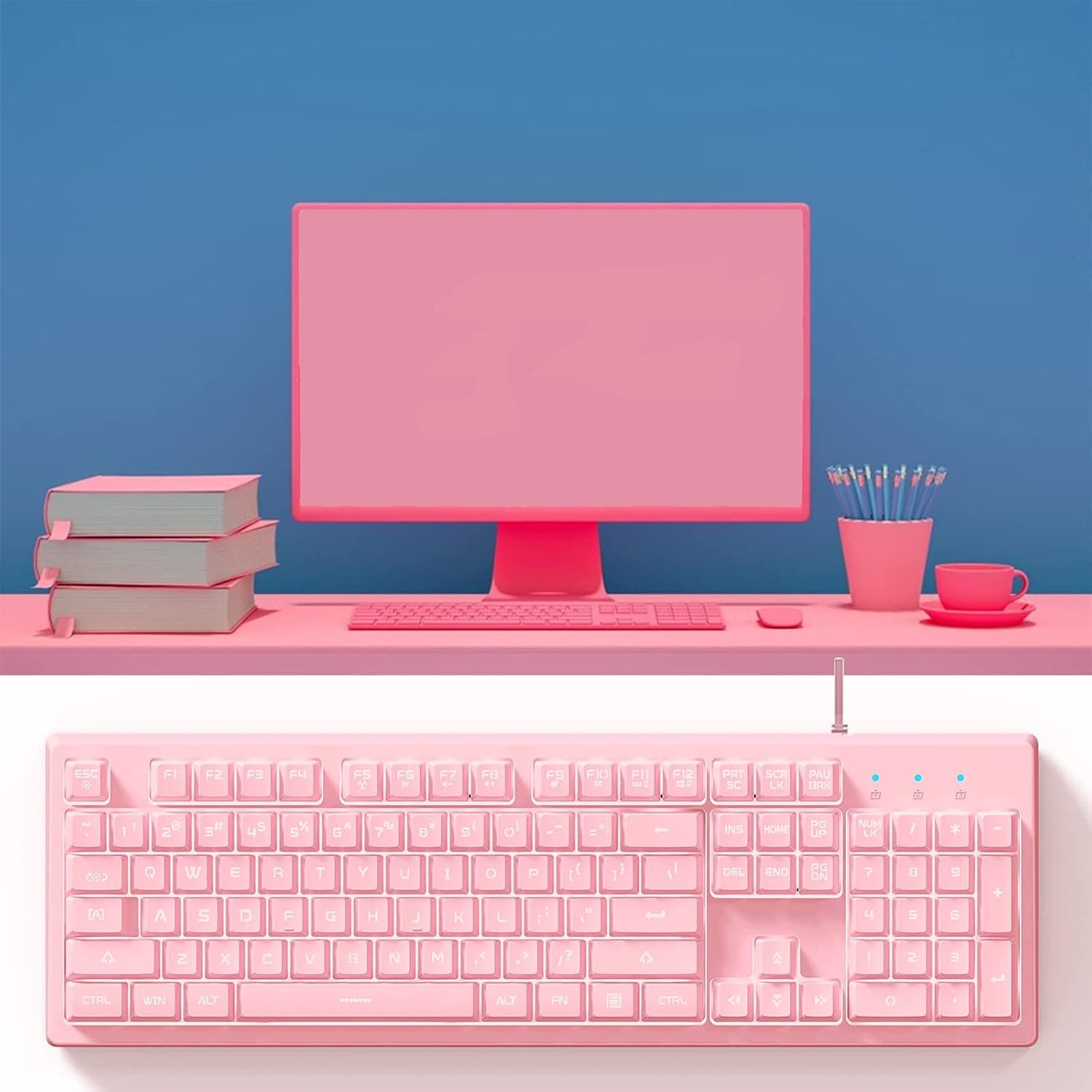 KECOP Baby Pink USB Wire Keyboard with Rainbow LED Backlight Full 104 Keys Water-Resistant Mechanical Feeling Game Keyboard for Desktop, Computer, PC (Baby Pink)
