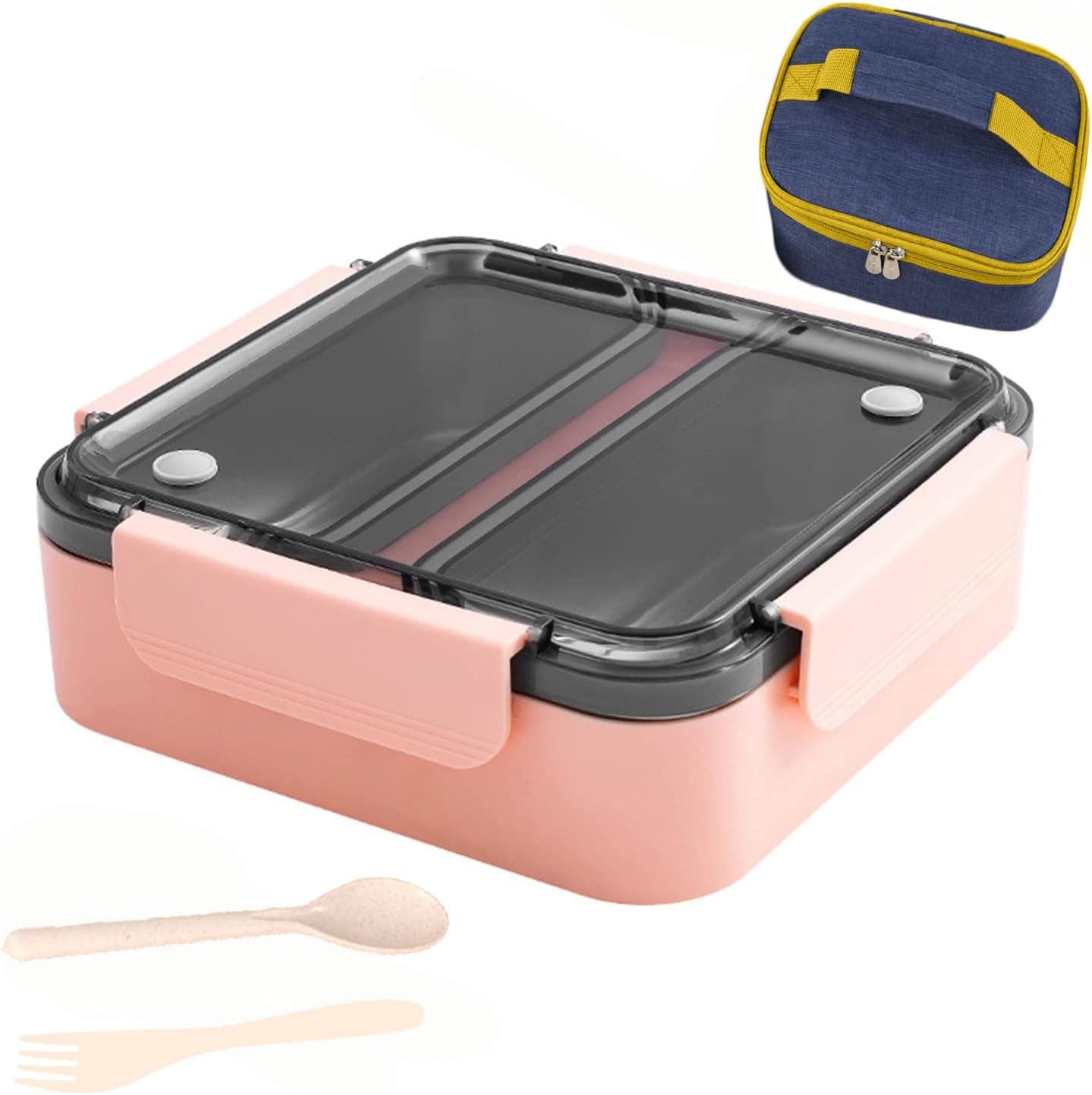 Fukosila Stainless Steel Lunch Box, 2 Compartment Leak-Proof Bento Box with Built-in Utensils Box for Kids and Aldults To-go Lunch Containers with Insulated Lunch Bag & Utensils BPA Free (Pink)