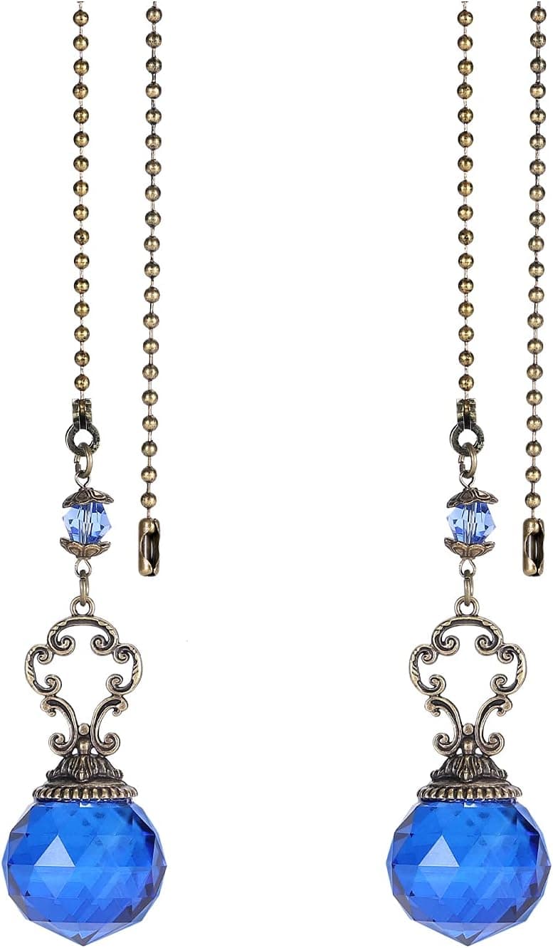 Ceiling Fan Pull Chain, Crystal Ceiling Fan Pull Decorative, Ceiling Fan Pull Chain Ornaments, Rainbow Maker Fan Pull Chain with 12 inches 3.2mm Diameter Beaded Ball Light Pull Chain, 2Pack Retro Blue