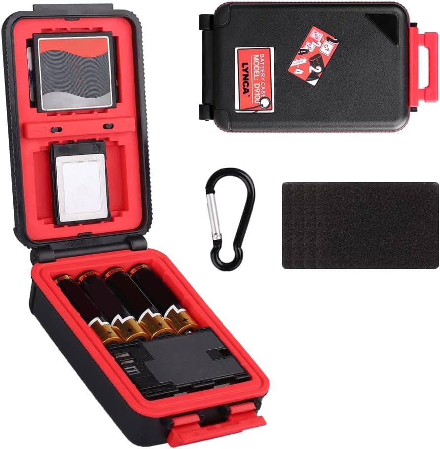 LYNCA Camera Battery Case,Portable Protector Memory Hard Card Case,Professional Waterproof&Shockproof Camera Battery Storage Box,Hold 2 Camera Batteries 4 SD Cards 2 XQD Cards or 2 CF Cards(Red)