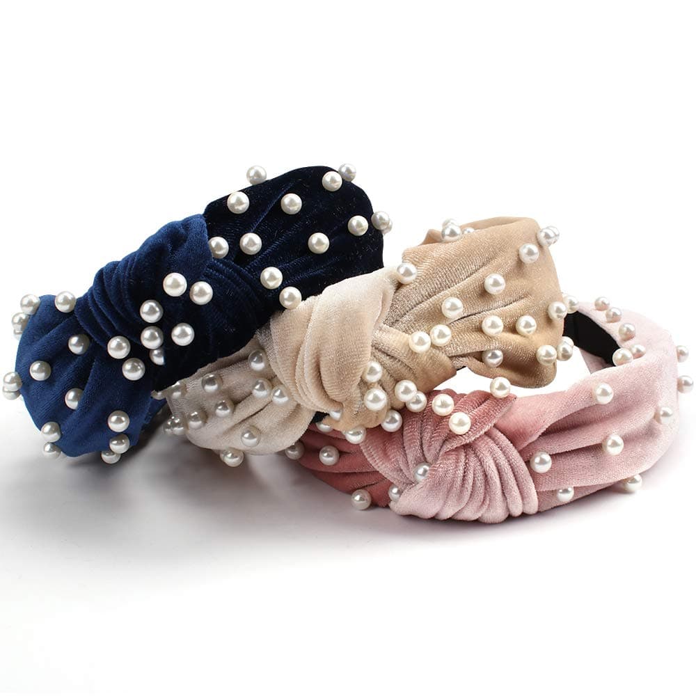 Canitor 3 Pack Velvet Pearl Headbands Top Knot Headbands for Women Wide Headbands for Woman Vintage Twisted Pearl Headbands for Women