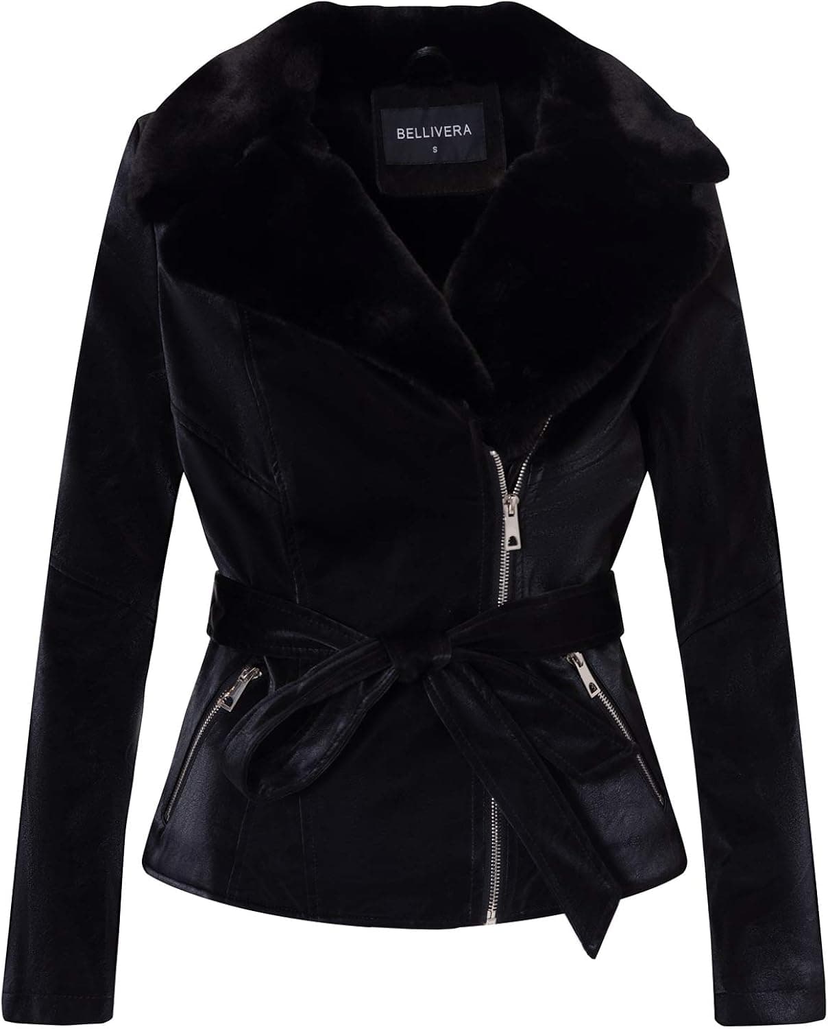 Bellivera Women's Faux Leather Jacket Moto Biker Sherpa-Lined Coat with Removable Fur Collar