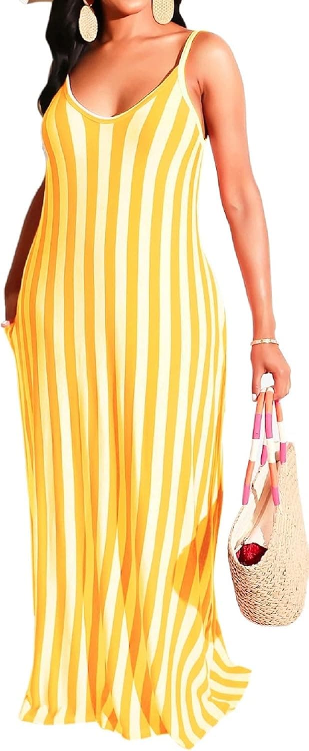 Yiershu Women's Loose Long Dresses Casual Spaghetti Straps Plus Size Floor Length Sundresses Sexy Summer Dress with Pockets