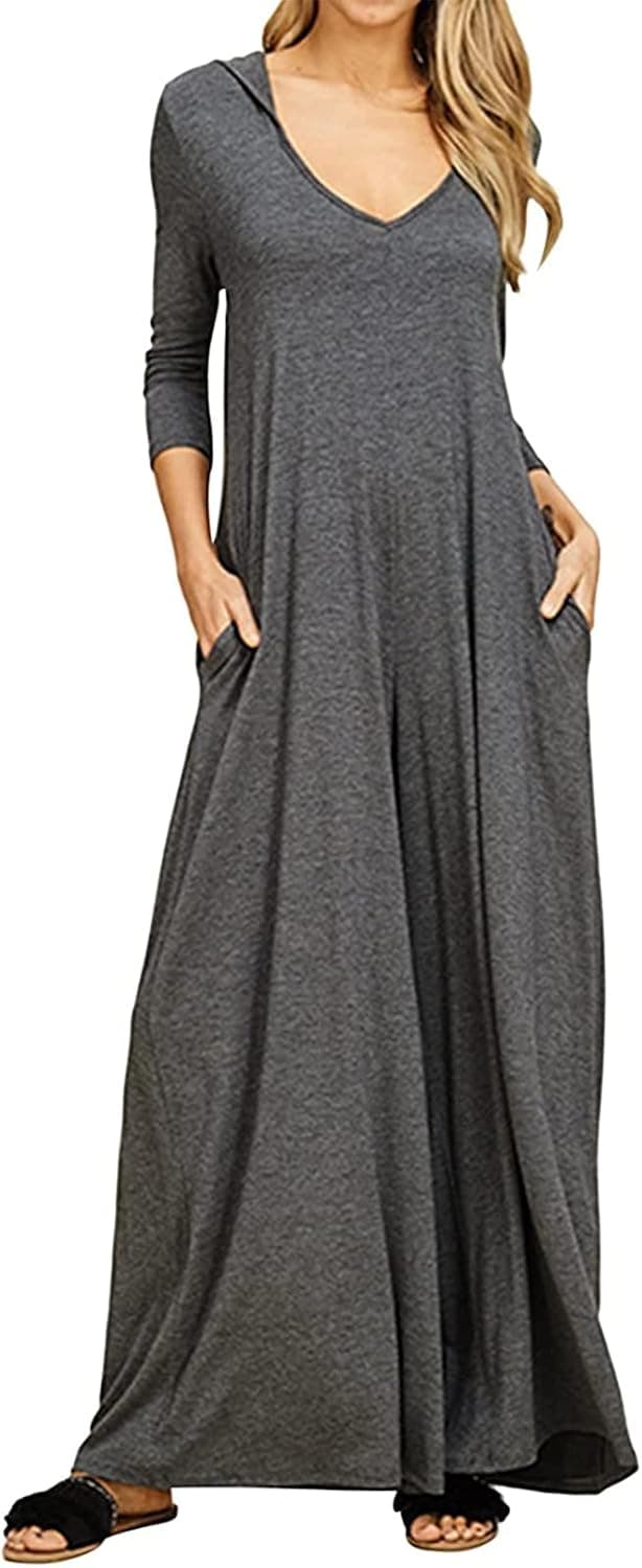 Yaohuole Women Casual Maxi Dress V Neck Long Sleeve Loose Hoodie Dresses with Pockets