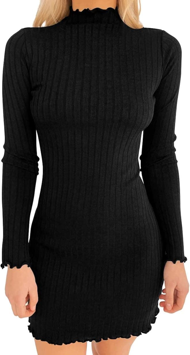 GOBLES Women's Casual Wear Turtle Neck Long Sleeve Ribbed Knit Bodycon Mini Dress Black