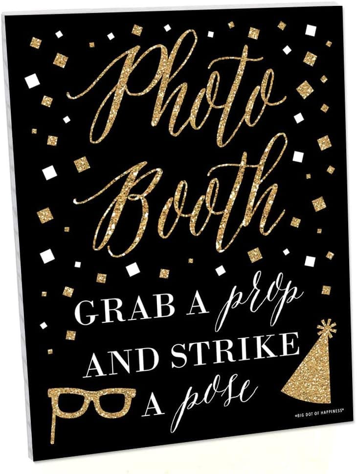 Big Dot of Happiness Gold and Black Photo Booth Sign - Party Decorations - Printed on Sturdy Plastic Material - 10.5 x 13.75 inches - Sign with Stand - 1 Piece