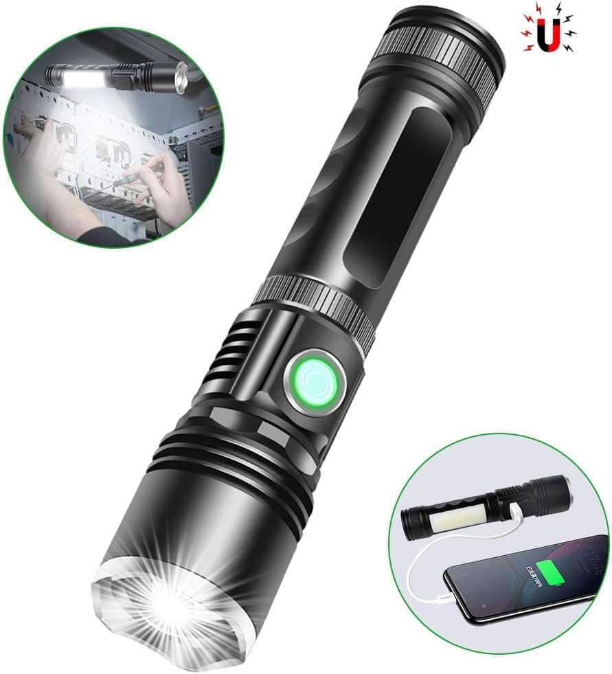 iToncs Rechargeable Flashlight, IPX6 Waterproof Flashlight, Magnetic Flashlights with COB Light, Zoomable, 6 Modes Tactical Flashlights High Lumens for Hiking, Camping, Emergency