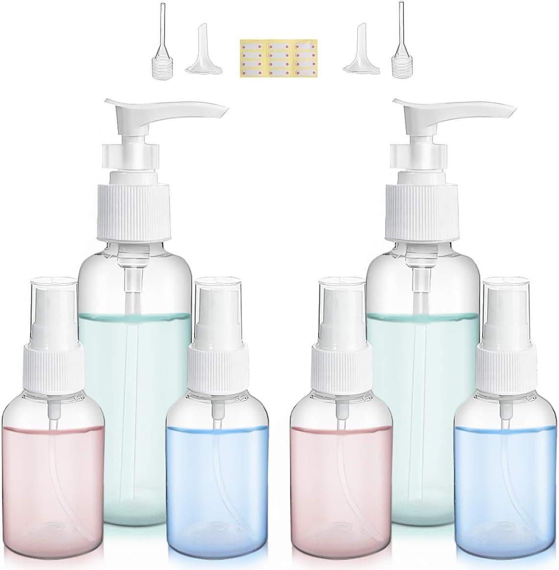 DALV 6pcs Travel Bottle Plastic Squeezable Containers Leakproof Refillable Containers Travel Tube Sets Cosmetic Toiletry Sprayer 1.7oz Fine Mist Sprayer 3.4oz Pump Dispenser with Labels Funnels Dropper