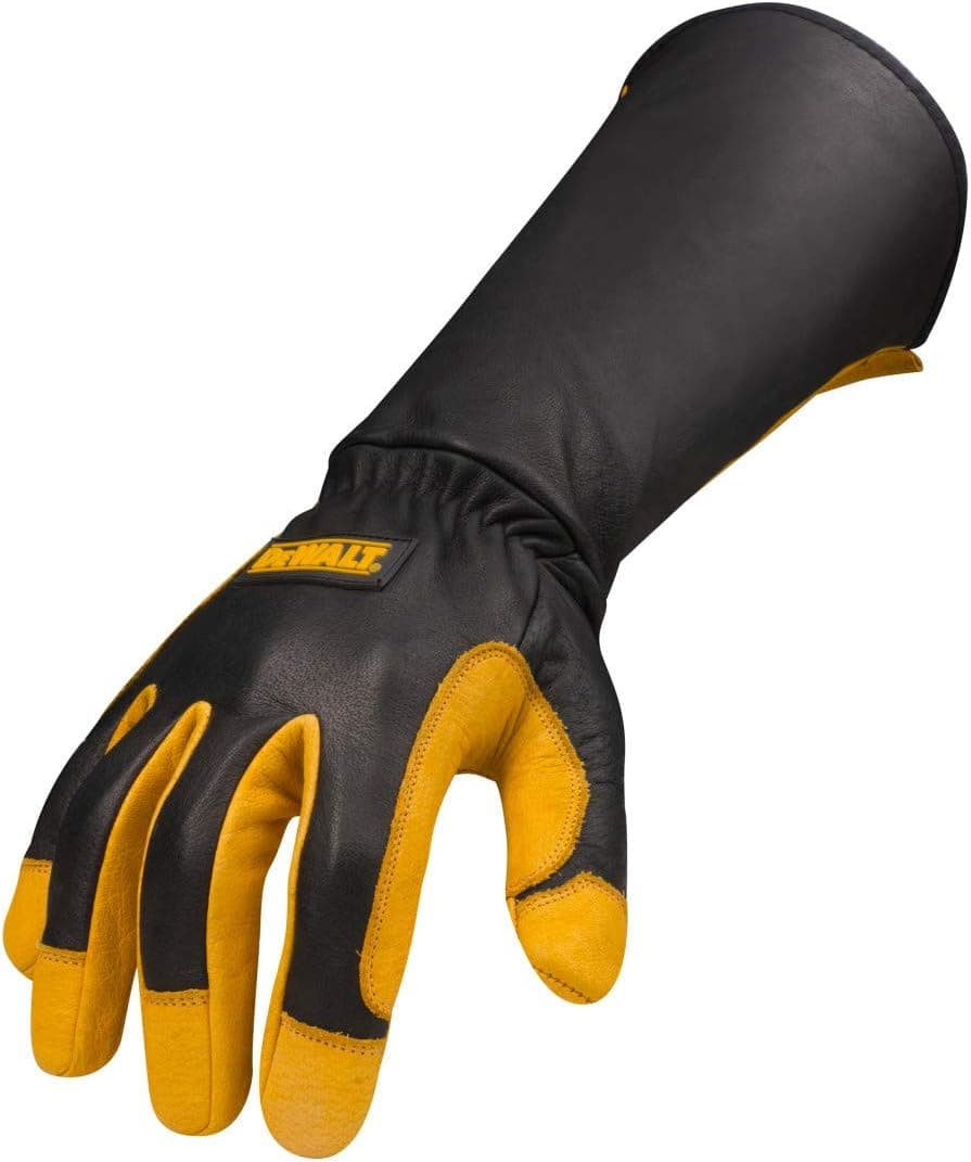 DEWALT Premium Leather Welding Gloves, Fire/Heat Resistant, Gauntlet-Style Cuff, Elastic Wrist, Medium