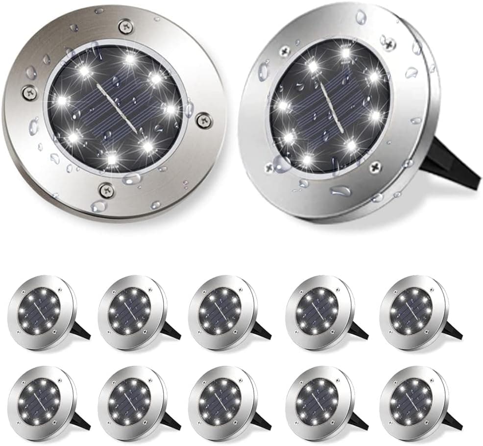 RIRIPPION Solar Ground Lights Outdoor 12 Pack 8 LED Disk Lights, IP65 Waterproof, In ground Solar Landscape Garden Lights for Pathway Lawn Yard Roads Walkway Driveway - Cold White