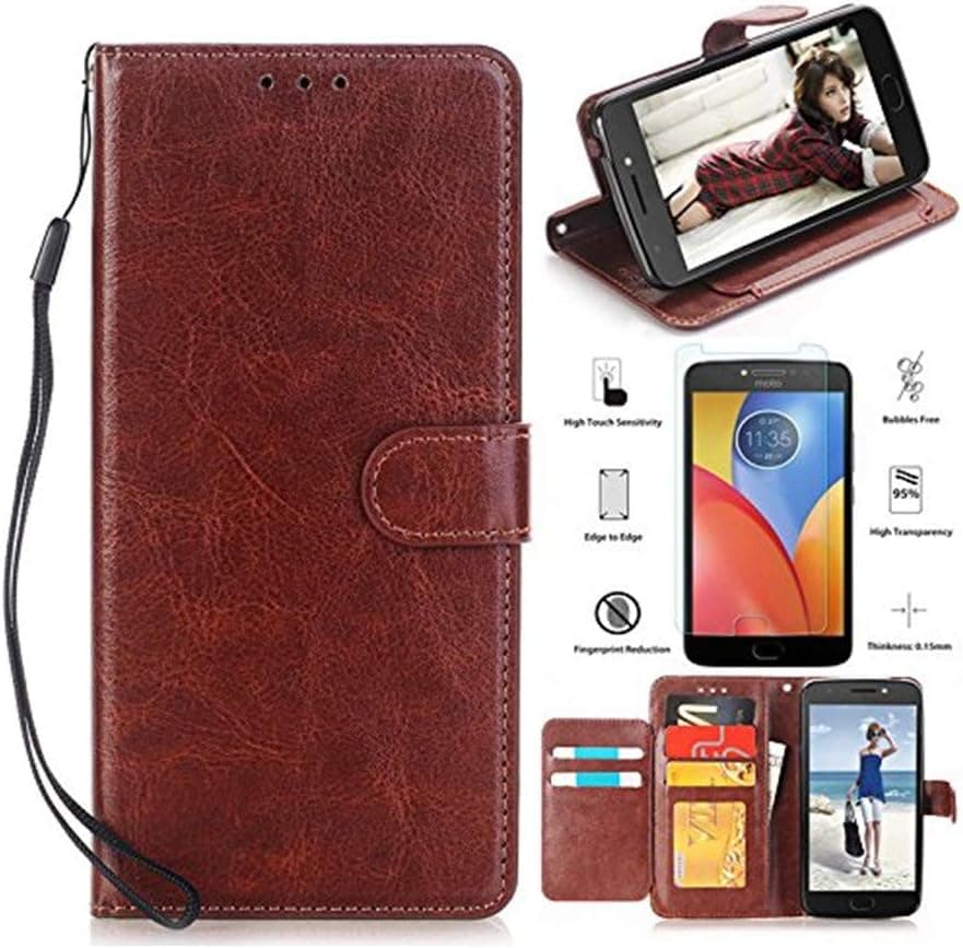 Moto E5 Play Wallet Case, Moto E5 Cruise Case with HD Screen Protector, L00KLY [Kickstand] [Wrist Strap] Premium Magnetic Flip PU Leather Wallet with 5 Card Slots for Motorola Moto E5 Play (Brown)