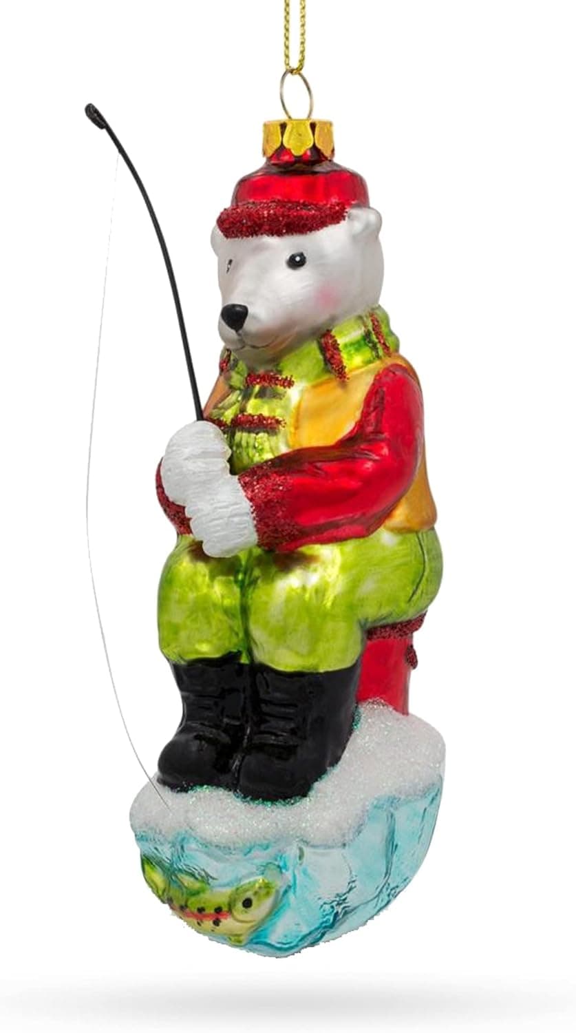 Polar Bear Ice Fishing Glass Christmas Ornament