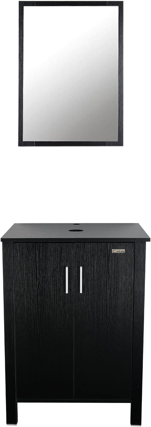eclife 24" Bathroom Vanity Combo Pedestal Cabinet Set Simple Design Stand Wood Black with Bathroom Vanity Mirror Soft Closing Doors (Single Cabinet Only)