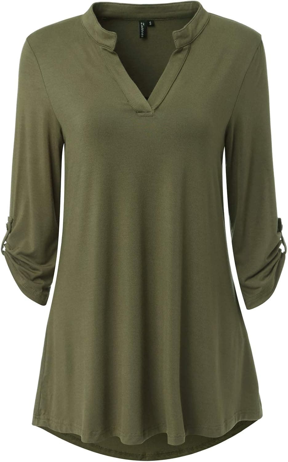 Zattcas Womens Floral Printed Tunic Shirts 3/4 Roll Sleeve Notch Neck Tunic Top (Medium, Solid Olive Green)