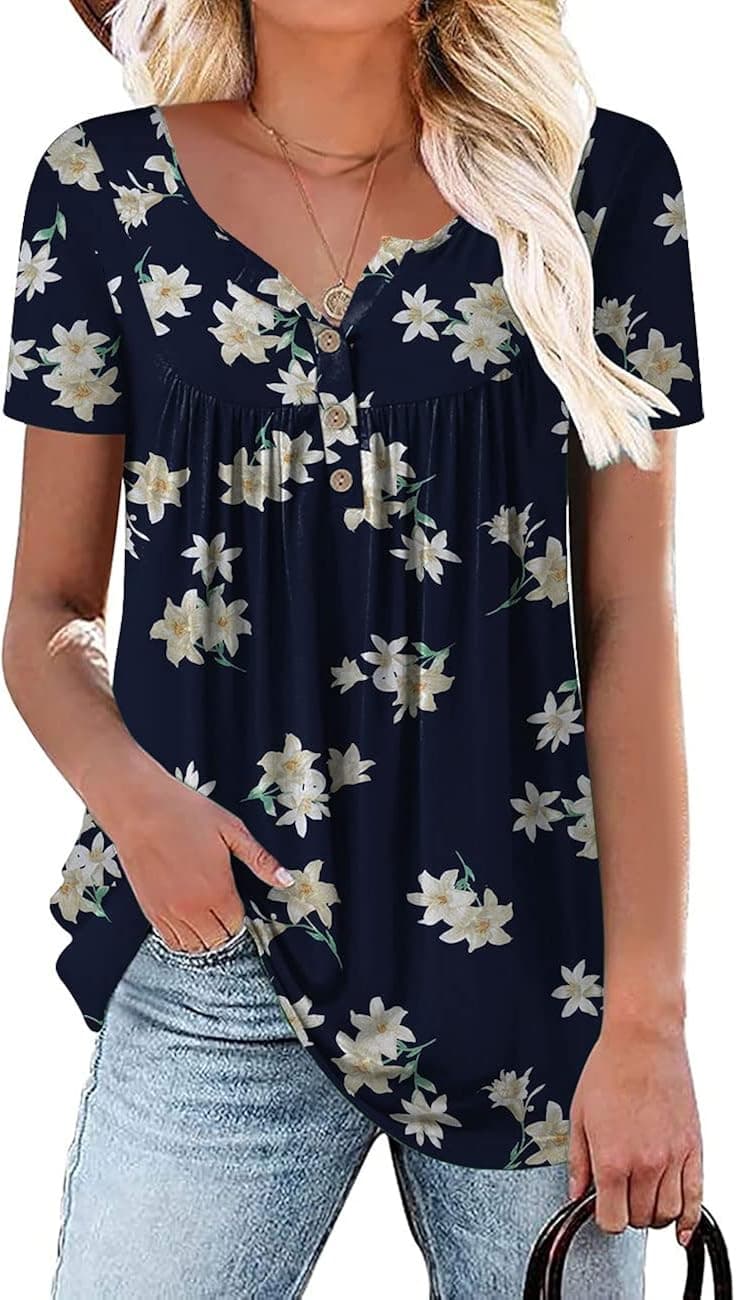 Aodemo Women's 2023 Summer Henley V Neck Button Up Tunic Ladies Loose Fit Tops Flowy Short Sleeve/Sleeveless Blouse