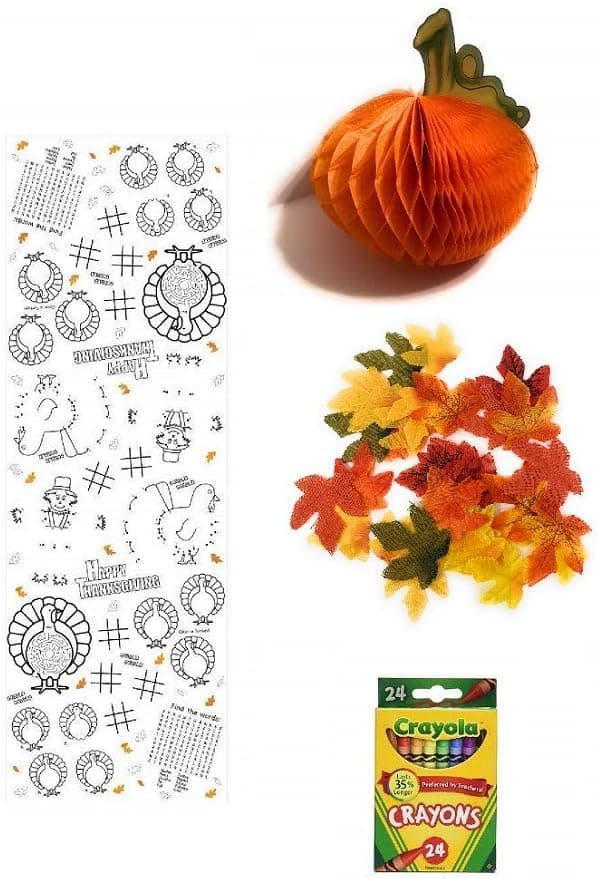 Harvest Way to Celebrate Kids' Coloring and Activity Thanksgiving Tablecloth Bundle - 1 Paper Tablecover, 1 Box of Crayola Crayons(24 Count), 1 Pumpkin Centerpiece Decoration, and Fall Leaves Decor