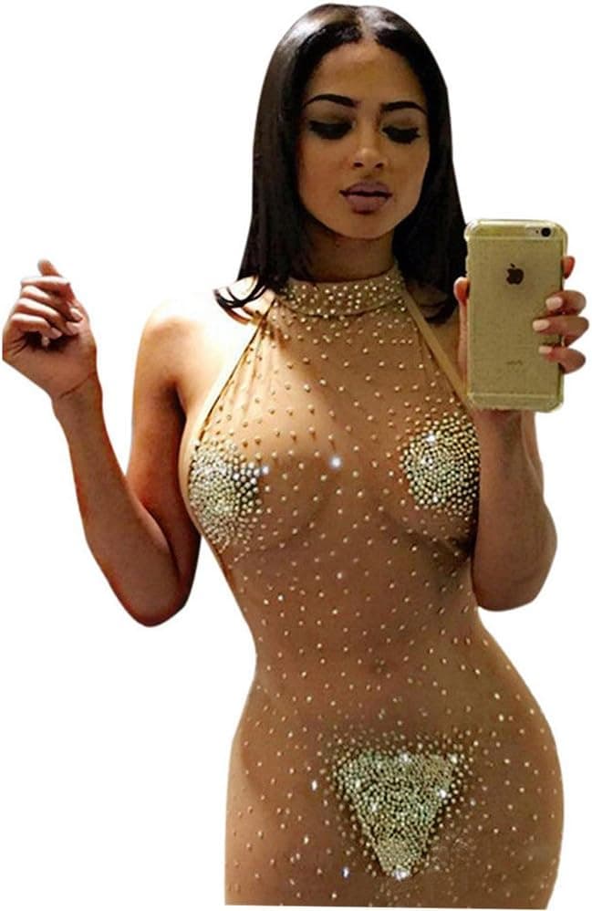 MUYAOO Women Sexy Clubwear See-through Beaded Cocktail Sleeveless Bodycon Mini Dress (L)