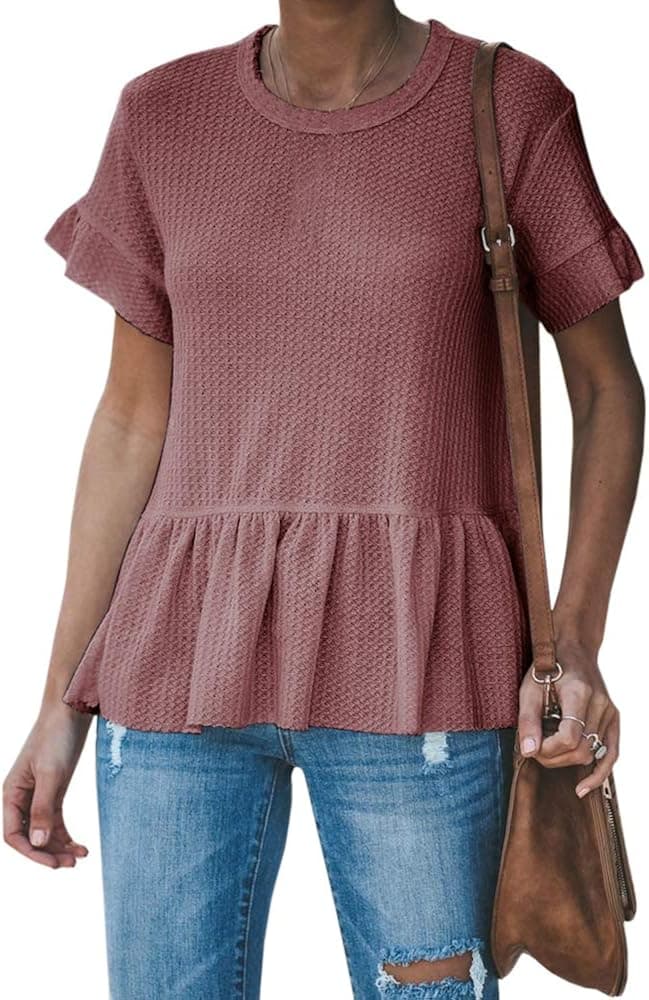 Imily Bela Womens Peplum Waffle Knit T Shirts Short Sleeve Ruffle Loose Tops Rust