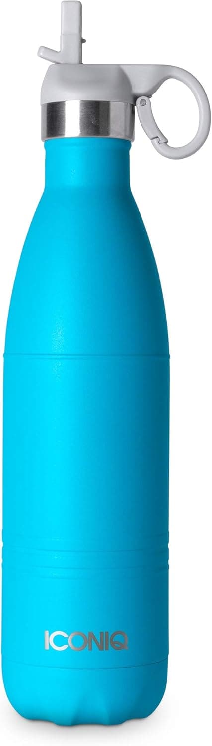 ICONIQ Stainless Steel Vacuum Insulated Water Bottle with Pop Up Straw Cap | 25 Ounce | Azure Blue