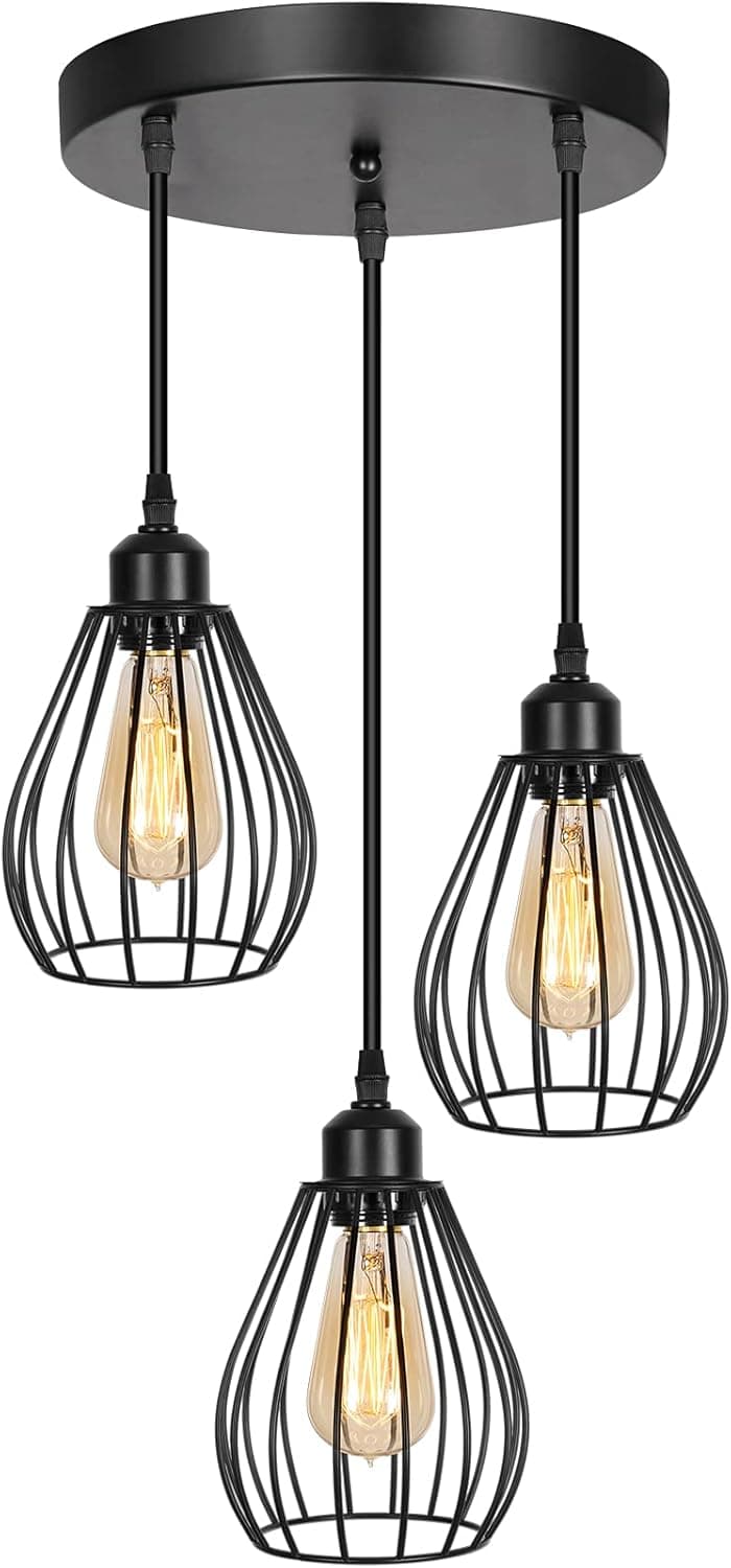 Industrial Pendant Lighting, 3-Light Hanging Light Fixture with Metal Cage, Adjustable Farmhouse Ceiling Light E26 Base Black Cluster Pendant Light for Kitchen Island, Dining Room Bedroom or Entryway