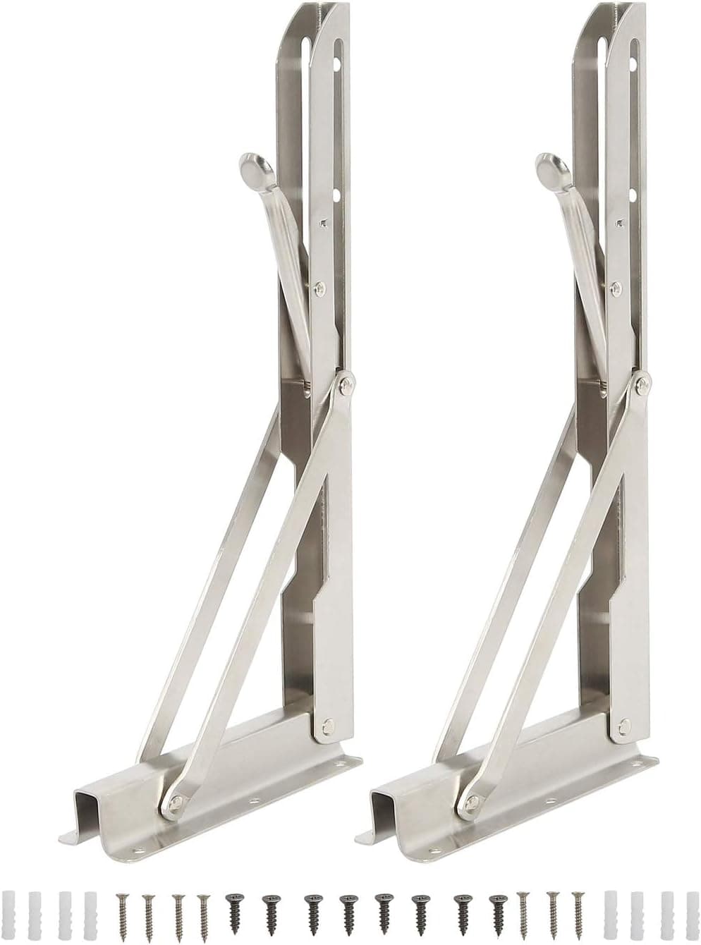 NovelBee 2 Pack of Stainless Steel Triangle Folding Shelf Bracket with Long Release Arm and Mounting Screws (12“)
