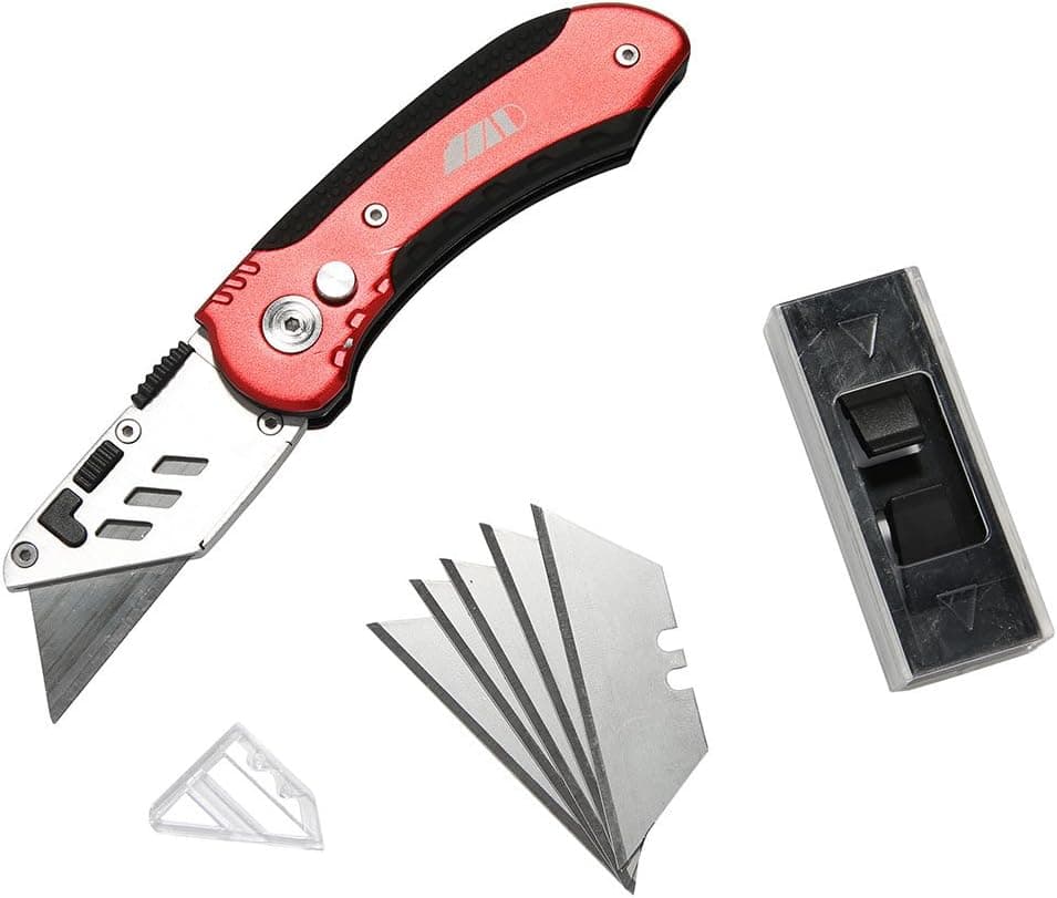 Utility Knife Box Cutter Folding Knife with Clip, Heavy Duty Folding Knives with 5 Extra Replaceable Blades for Cutting Carpet Rope Leather Cardboard Box(Random color)