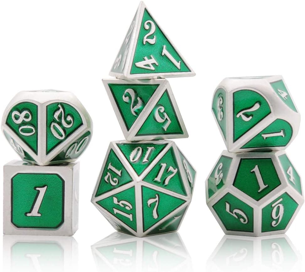 TLL TECHNOLOGY 7Pcs Polyhedral Metal Dices Set, Zinc Alloy Shiny Silver with Black Enamel, for DND Game, Tabletop RPG, Dungeons and Dragons, with Delicate Carry Velvet Bag and Metal Box.