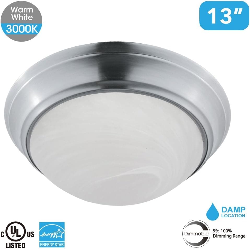 BATEC trade; 13 INCH, 3000K LED Ceiling Light Flush Mount fixtures, Sand Nickel with Glass Shade, 13-Inch 15-Inch 3000K-5000K, Dimmable, 1610Lumens (13 INCH, 3000K-Warm White)