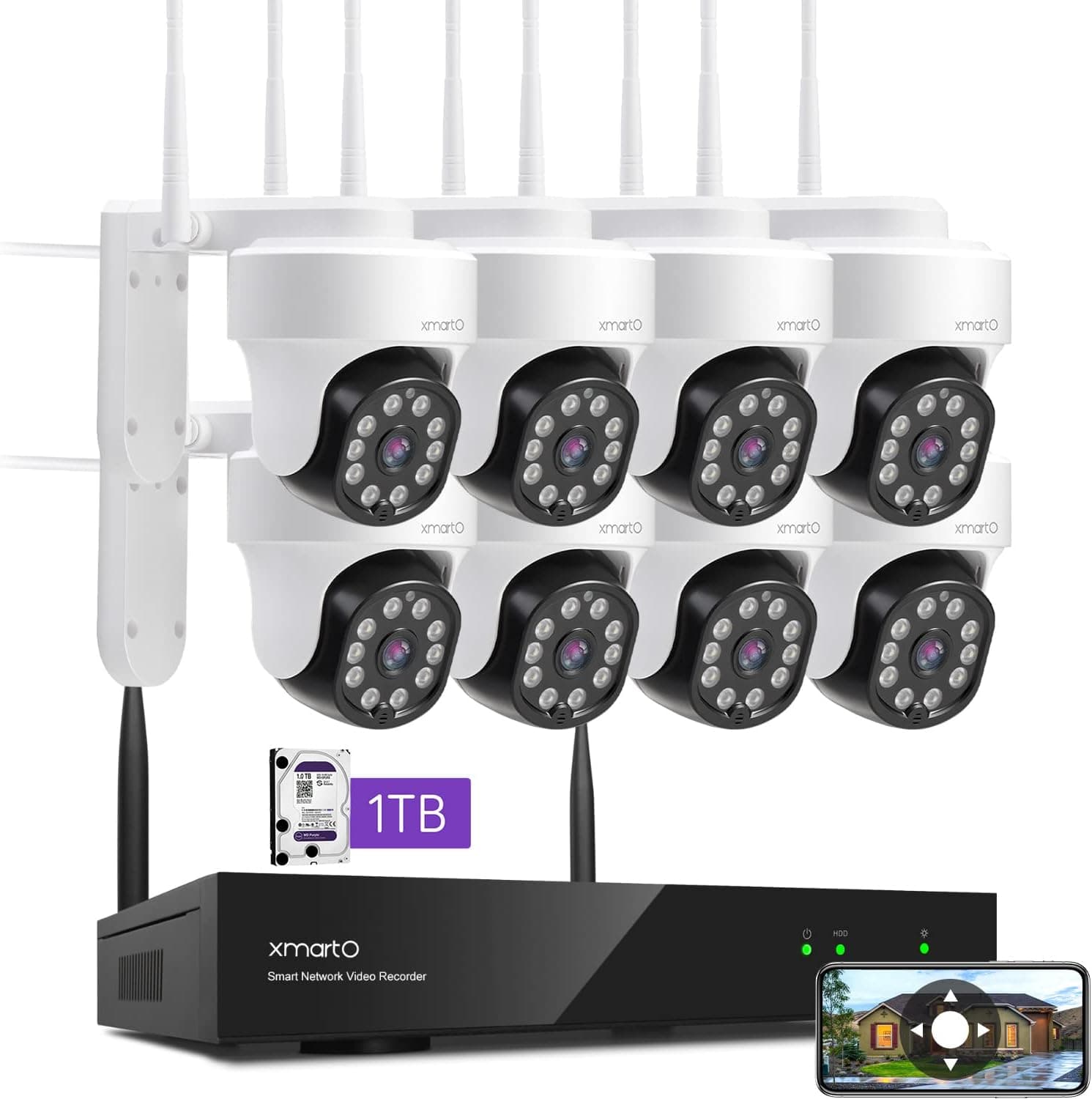 [Auto-Track Camera] XMARTO 2K Auto-Track PTZ Wireless Security Camera System Outdoor, 10CH 5MP Dual-WiFi NVR with 8X Rotate WiFi Security Cameras, 1TB Storage (WYS2K108-1TB)