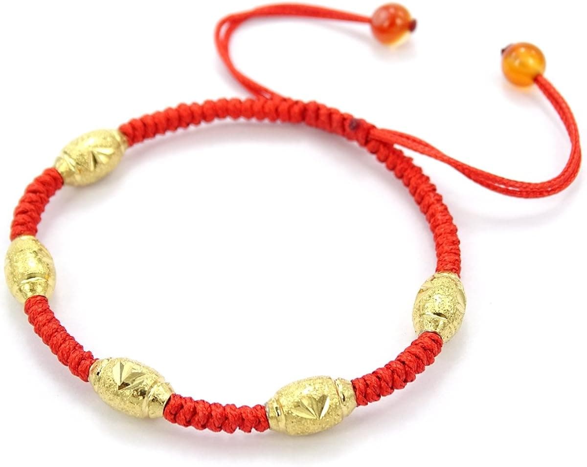 jennysun2010 5 Beads (The Five Blessings) Handmade Lucky Happy Wealthy Healthy Braided Red Rope 24K Gold Vacuum Plated Beads Red Agate Gemstone Adjustable Bracelet
