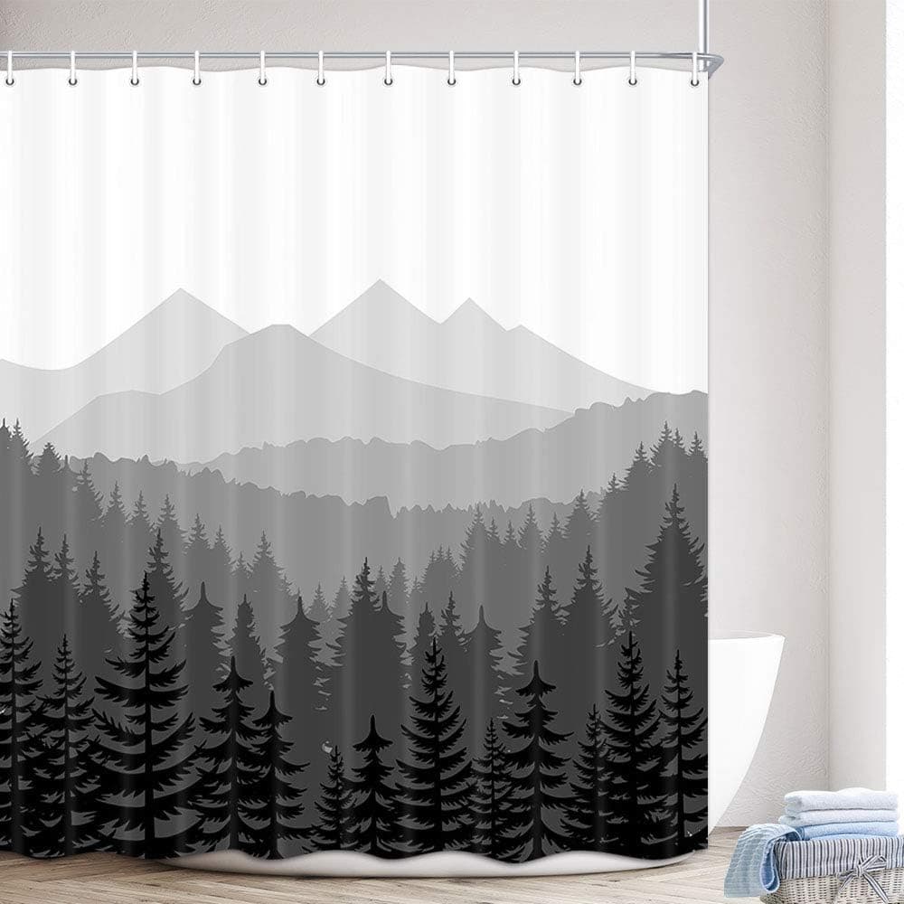 Nature Forest Shower Curtain,Gray Mountain Woodland Pine Coniferous Tree Country Natural Polyester Fabric Waterproof Bath Curtain, Landscape Modern Cloth Bathroom Shower Curtains with Hooks, 69X70inch