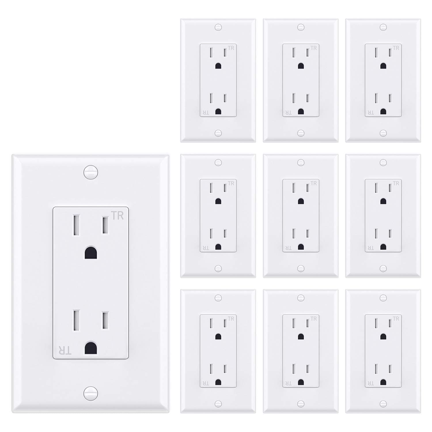 WEBANG Decorator Electrical Wall Outlet White, Tamper-Resistant Duplex Receptacle, Residential Grade, 3-Wire, Self-Grounding, 2-Pole, 15A 125V, ETL Listed, 10 Pack Wall Plates Included
