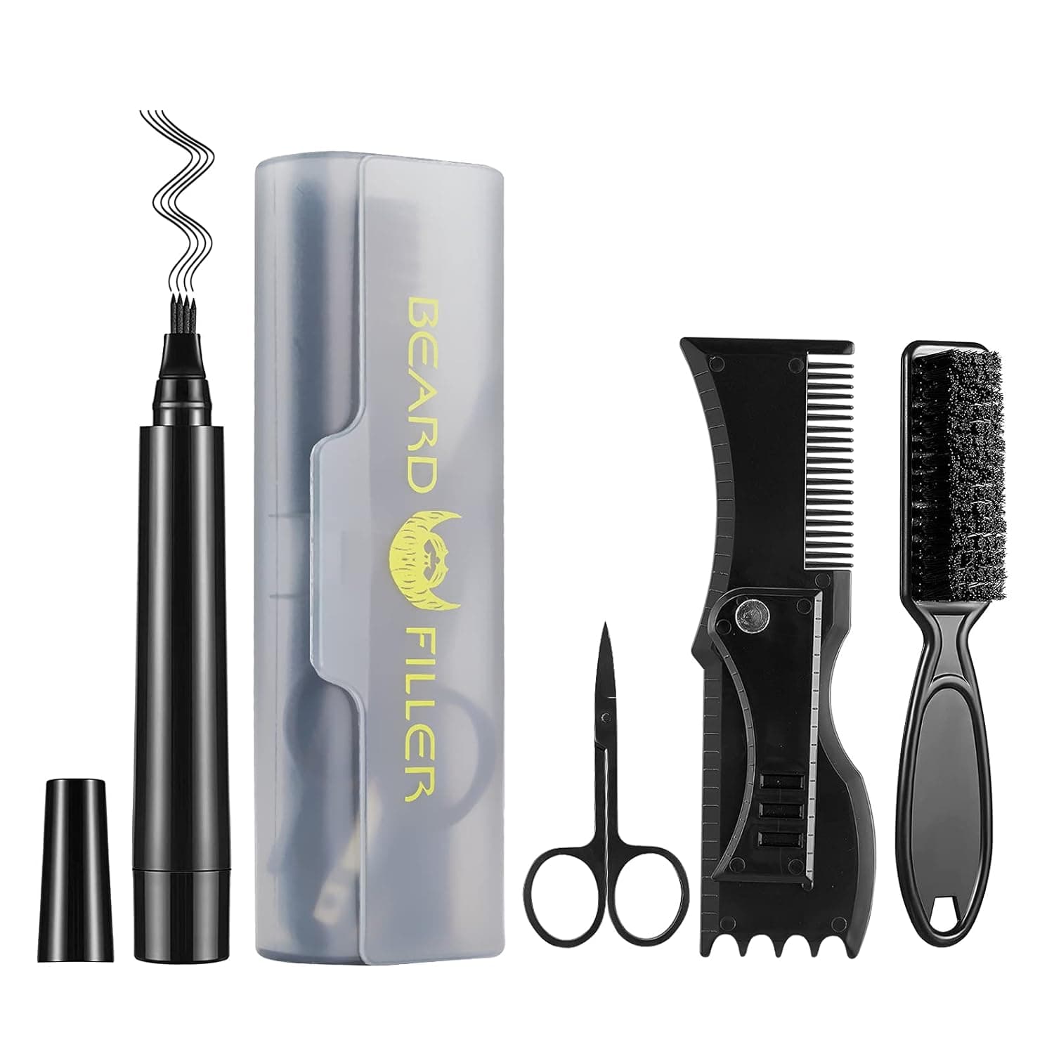 Beard Filler Pencil Kit for Men, Long-Lasting, Water Proof& Sweat Proof, 4 Tip Beard Filler Pen with Beard Shaping Tool, Creates Natural Looking Beard, Moustache & Eyebrows, Male Mustache Repair Shape, Effective Enhance Facial Hair (Black)