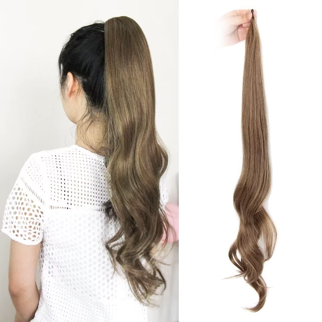 DMfreely Flexible Wrap Around Ponytail Extension 32 Inches, Stick Heat Resistant Synthetic Fiber Ponytails Hair Extensions(Light Golden Brown Color)