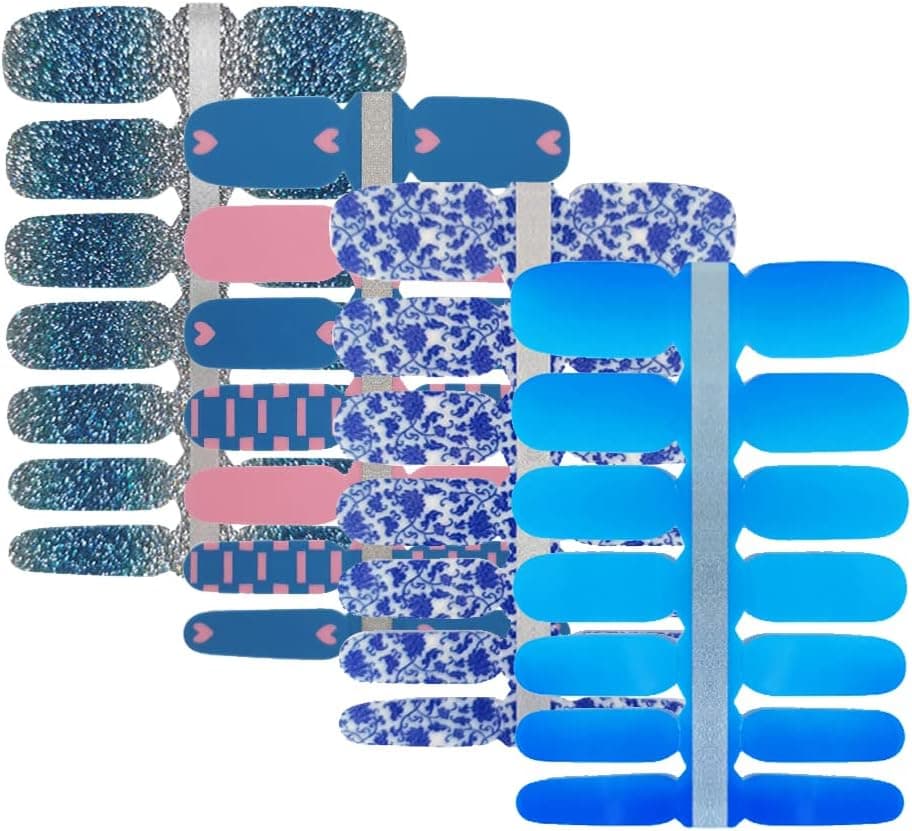 BornBeauty Glitter Nail Polish Strips 4 Colors Blue Adhesive Nail Art Stickers Manicure Kits for Women Girls Fingernail Decoration