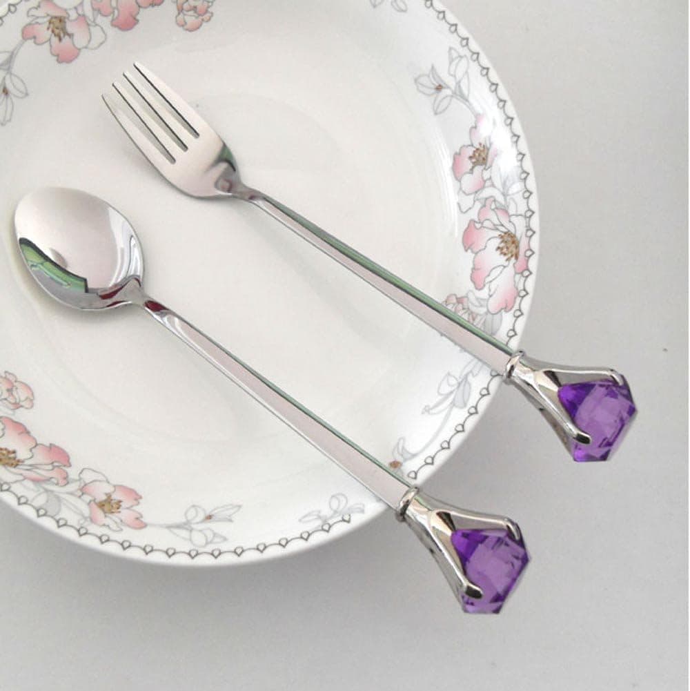 One Pair Lovely Tableware with Crystal Stainless Steel long-handled Mixing Spoon Coffee,dessert,fruit Diamond Spoon,fork,meals scoop (purple)