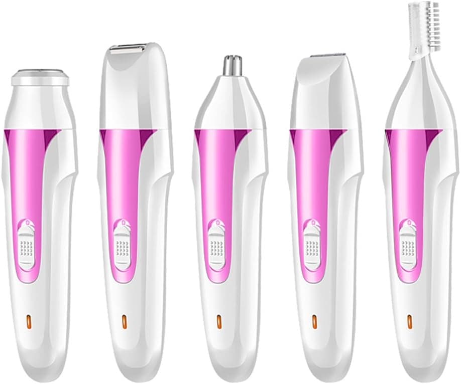 LONGKO 5 in 1 Women Hair Remover Rechargeable Razor Lady Shaver Hair Removal Waterproof Epilator for Nose Body Face Leg Arms Eyebrow Bikini Trimmer with Storage Bag (Pink)