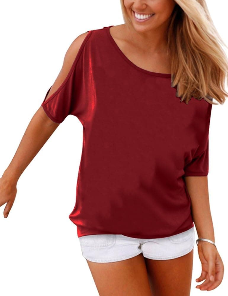 Haola Women's Short Sleeve Cold Shoulder Tops Tie dye Printing Loose Blouse Shirts Round Neck Tunic Top M WineRed