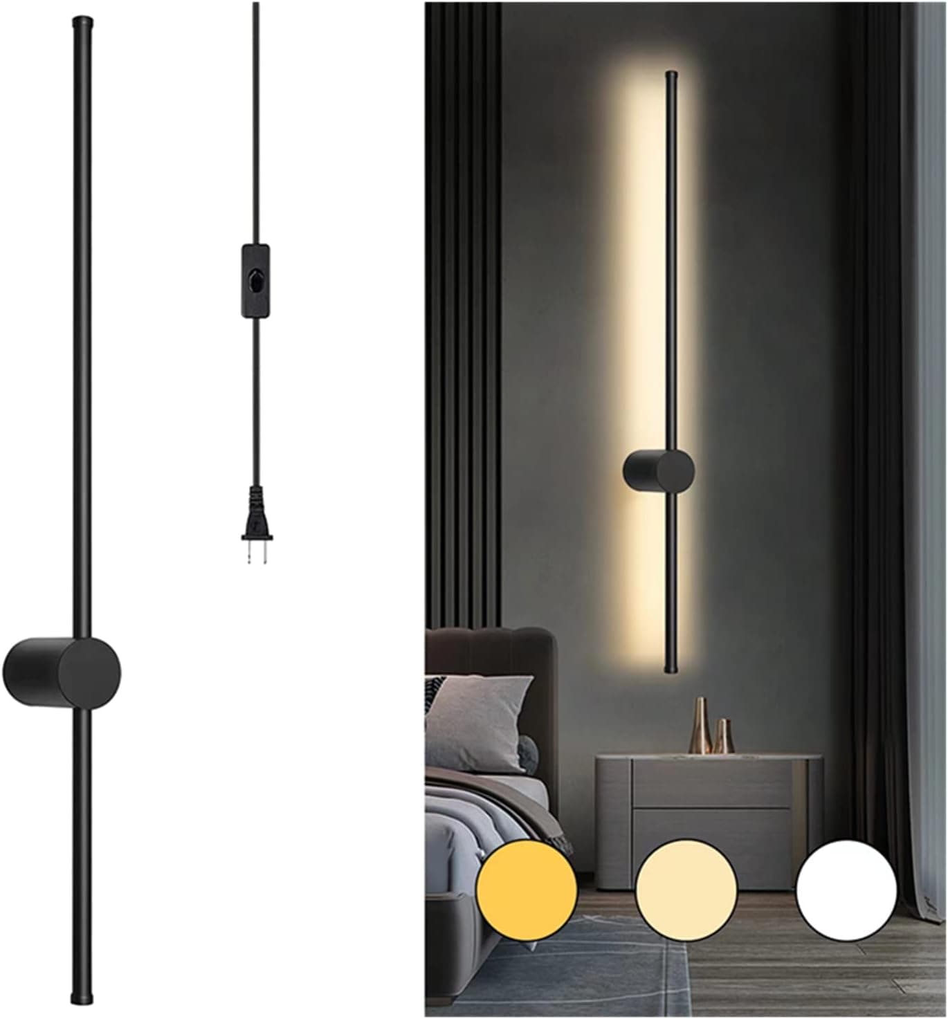 Modern Long Strip Wall Sconce, 39 Inch LED Plug in Wall Sconce, 3-Color Wall Lamp with Plug in Cord Switch, Minimalist Decor Wall Light for Living Room Bedroom