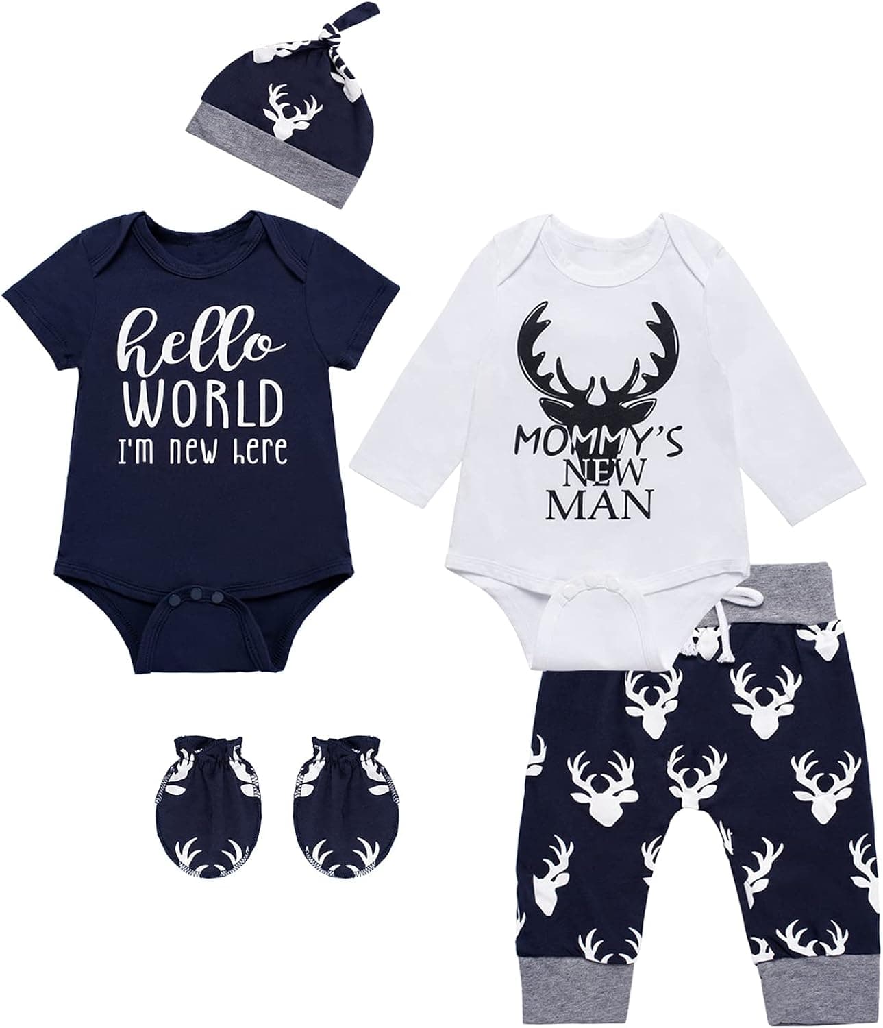bakjuno 5PCs Newborn Baby Deer Outfit Hunting Baby Boy Shower Infant Clothes Pant Set
