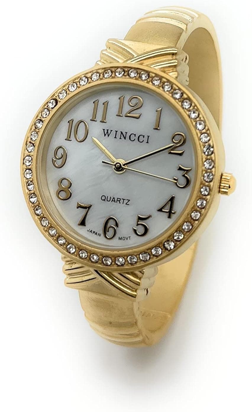 Wincci Ladies Mother of Pearl Dial Metal Bangle Cuff Fashion Analog Quartz Watch with Rhinestones