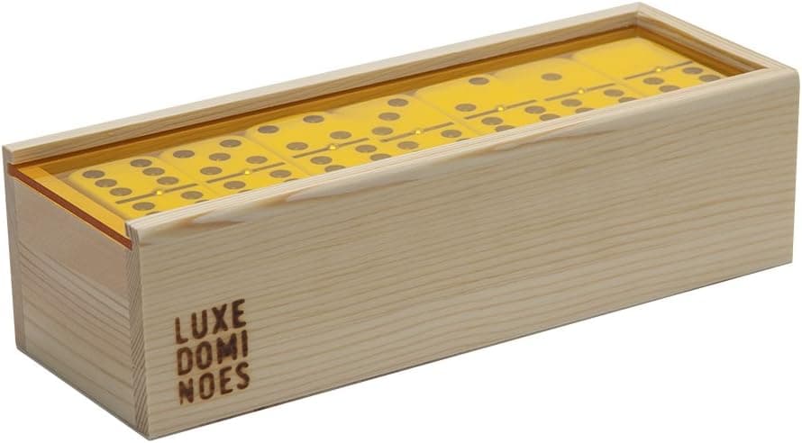 Deluxe Modern Domino Set Double Six, with Jumbo Sized Tournament Dominoes Black and White Two Toned with Spinner (Rivets) in Wood Box with Acrylic Top (Yellow)