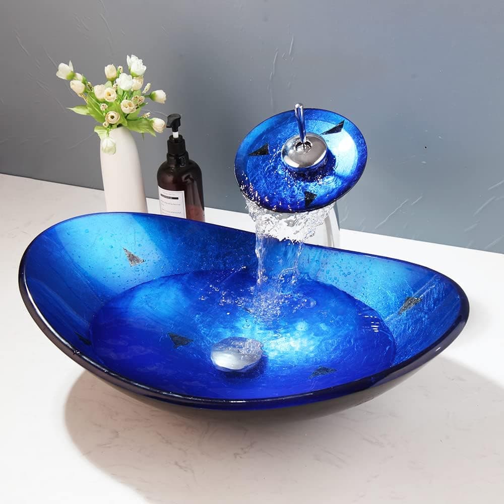 Bathroom Vanity Blue&Black Oval Tempered Glass Basin Bowl Vessel Sinks Waterfall Faucet Set Deck Mounted,Chrome Mixer Tap