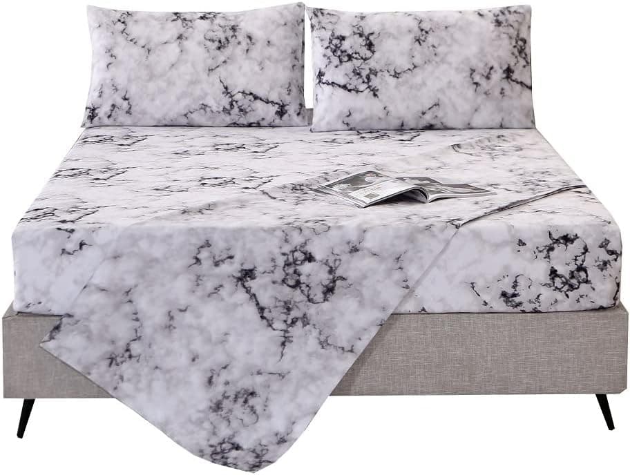 MAG Marble Bed Sheet, 4PC Black White and Gray, Twin Size Modern Pattern Printed Bedding Sheet Set with 1 Top Flat & 1 Fitted Sheet with 2 Pillowcases, 14” Deep