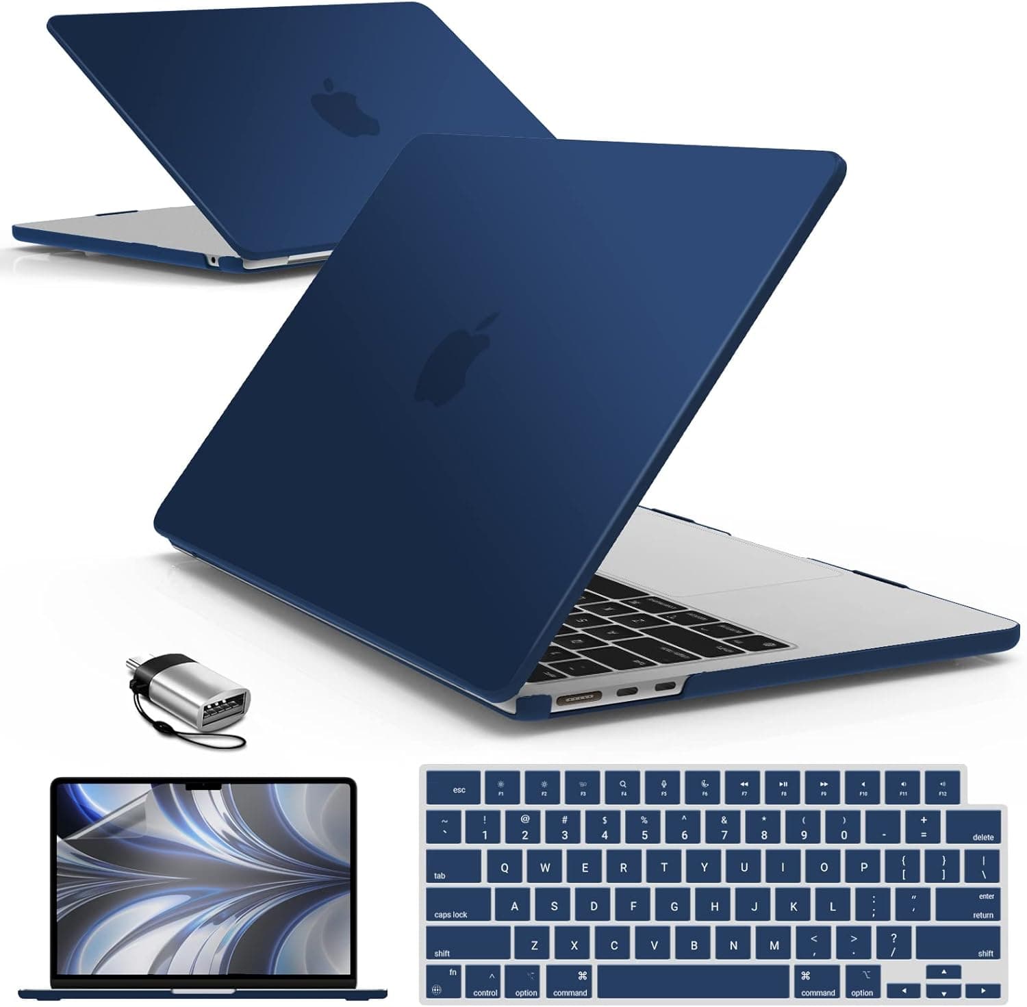 IBENZER Compatible with M2 2023 2022 MacBook Air 13 inch case, Model A2681, Hard Shell Case & Keyboard Cover & Screen Film& Type-C Adapter for New M2 Mac Air 13.6 in, Navy Blue, AT13-KK-NVBL+2TC
