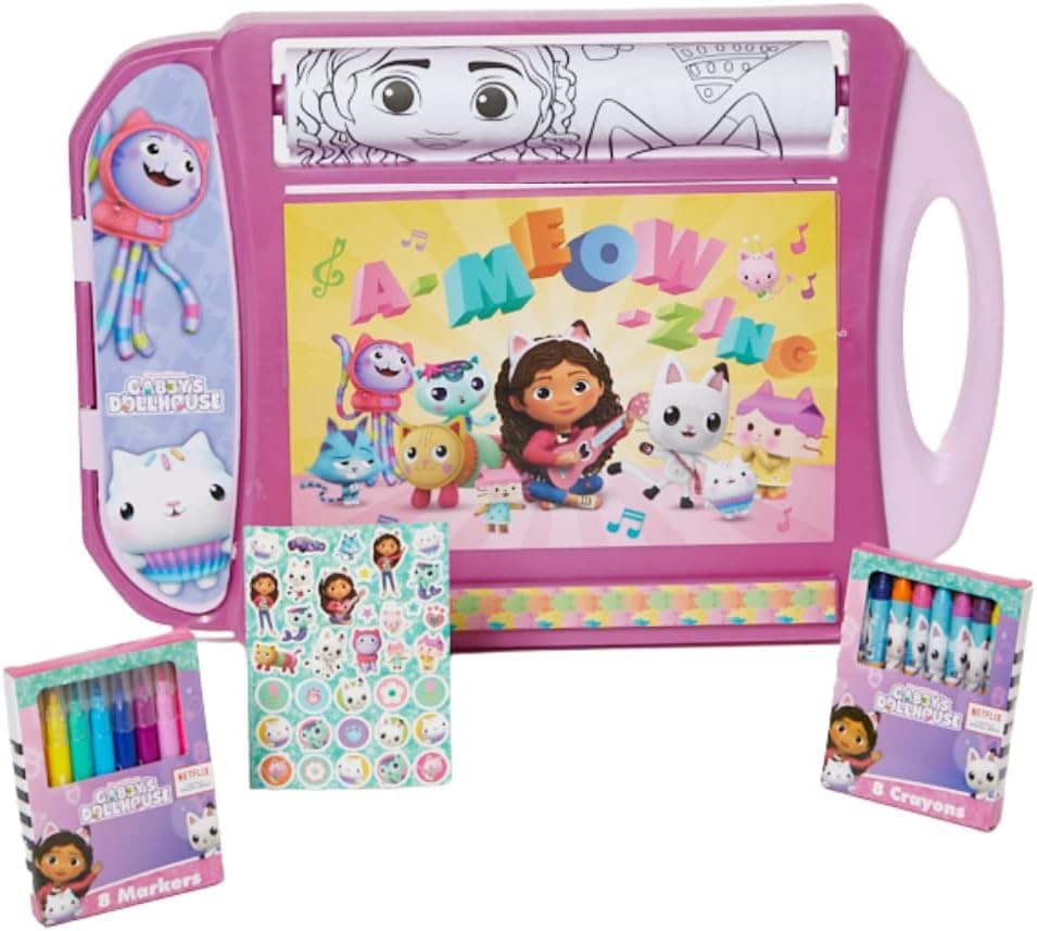 Gabby’s Dollhouse Roller Art Desk Set for Kids, Travel Coloring Activity for Kids, with Crayons, Markers and Stickers